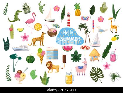Set of cute trendy hello summer icons food, drinks, cactus, flowers, palm leaves Stock Vector