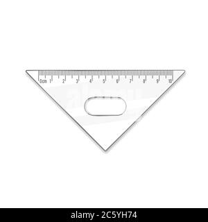Triangle ruler ten cm. Vector math geometry transparent plastic school and office accessories. Centimeter scale. Graphic realistic illustration Stock Vector