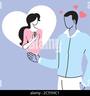 man in doubt thinks of man in love, woman inside the thought bubble vector illustration design Stock Vector