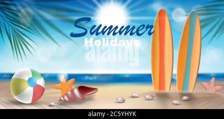 Summer Holidays in Beach Seashore banner design. Summer sea with beach sand against a sunny seascape. Vector Illustration Stock Vector