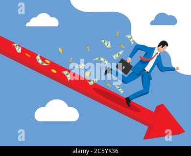 Businessman runs down the line and loses money. Business man with briefcase and dollar banknotes and coins. Tax, debt, fee, crisis and bankruptcy. Vector illustration in flat style Stock Vector