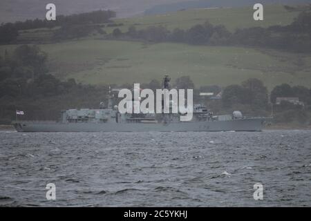 HMS Kent (F78), a Duke-class (Type 23) frigate operated by the Royal Navy, off Gourock during Exercise Joint Warrior 12-2. Stock Photo