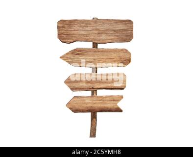 empty direction board from old rustic wooden on white background for metamorphing various choices. High quality photo Stock Photo