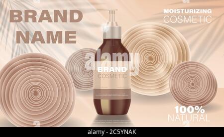 Cosmetic droplet bottle ads. Cosmetic product package design for poster advertising. Elegant banner with soft flowers and liquid soap container. 3d Stock Vector