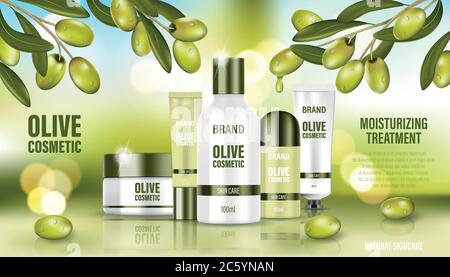 Cosmetic poster ad. Realistic glass jar on bokeh background with green olives. Face cream, body wash, lotion, deodorant, cosmetic bottle template Stock Vector