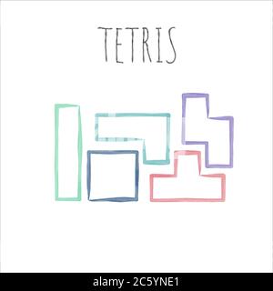 Watercolor linear tetris bricks or shapes. Stock vector illustration isolated on white background. Stock Vector