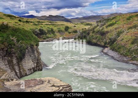 Waterfall in Torres del Paine National Park, Patagonia, Chile Stock Photo