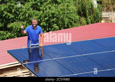 Installation of semitransparent solar modules Stock Photo