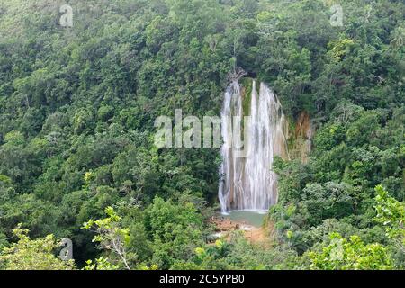 The view on the Salto de Limon the waterfall located in the centre of the tropical forest, Samana, Dominikana Republic. Stock Photo