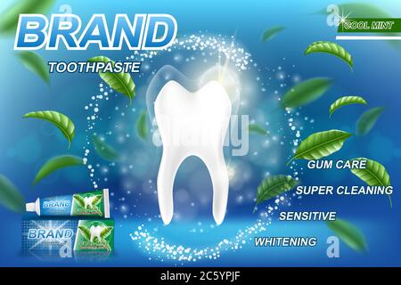 Whitening toothpaste ads, mint leaves background. Tooth model and product package design for dental care poster or advertising. 3d Vector illustration Stock Vector