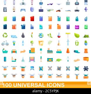 100 universal icons set. Cartoon illustration of 100 universal icons vector set isolated on white background Stock Vector