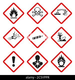 GHS pictogram hazard sign set. Isolated on white background. Dangerous, hazard symbol icon collection. Vector illustration image. Stock Vector