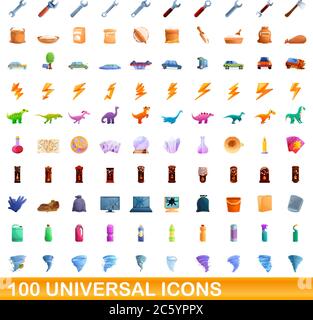 100 universal icons set. Cartoon illustration of 100 universal icons vector set isolated on white background Stock Vector