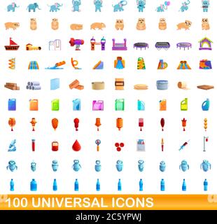 100 universal icons set. Cartoon illustration of 100 universal icons vector set isolated on white background Stock Vector