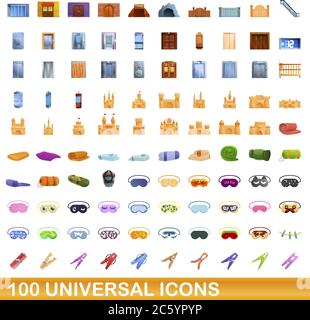 100 universal icons set. Cartoon illustration of 100 universal icons vector set isolated on white background Stock Vector