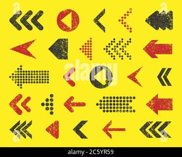 Info graphic direction arrows set. Vector illustration pointer icon. Isolated on white background. Grunge rubber stamp style. Stock Vector