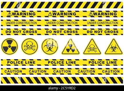Seamless security yellow black diagonal stripes. Safety danger ribbon signs.Warn Caution symbol. Under construction, do not cross, police line, warnin Stock Vector