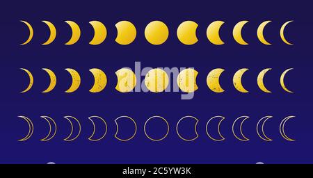 Moon phases astronomy icon silhouette symbol set. Full moon and crescent sign logo. Vector illustration. Isolated on white background. Stock Vector