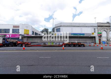 Concrete beams on trailers, that have been removed from the A64M Regent Street Flyover during demolition and upgrades. Stock Photo