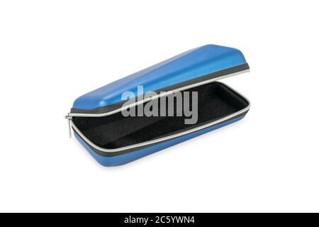 open blue case for glasses with a zipper lock isolated on white background Stock Photo