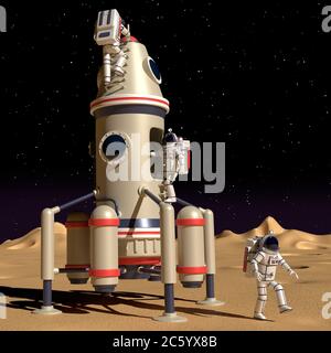 Spaceship landing module with astronaut in space suit on moon surface Stock Photo