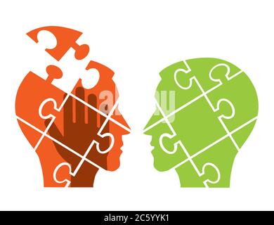 Male heads symbols, Man with mental disorder and healthy man. Two Male stylized head silhouettes with puzzle, man holdig his head Stock Vector