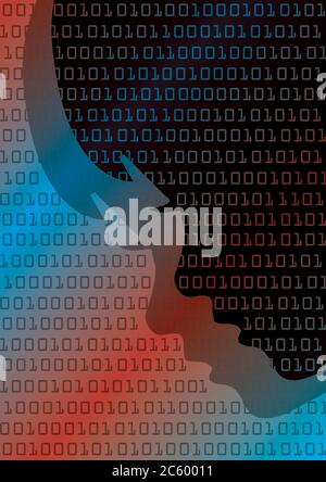 Sad childs and binary codes.. Two Child stylized head silhouettes with binary codes. Concept for internet and social networks addiction. Stock Vector