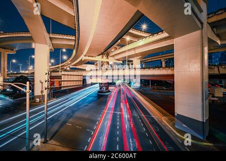 Night view of the traffic under Yan'an elevated road, in the center of Shanghai, China. Stock Photo