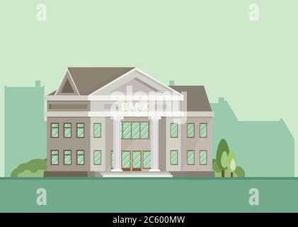Bank building in city space with icons in flat style. Flat vector Stock ...