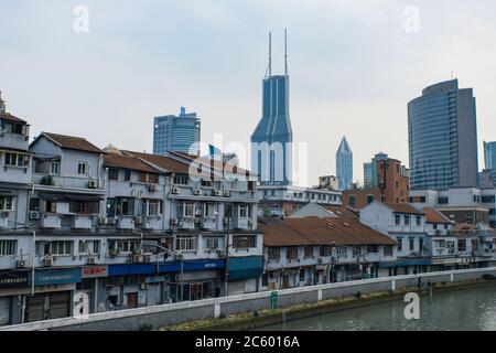 Modern buildings along the Suzhou River, in Shanghai, at sunset. Stock Photo