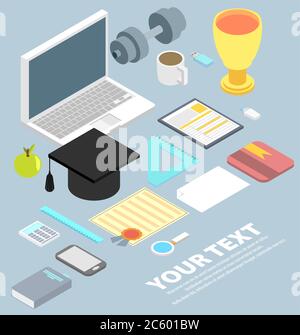 graduation cap, diploma, school accessories certificate colorful flat style vector illustration Stock Vector