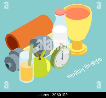 Isometric vector illustration of icons for fitness and diet Stock Vector