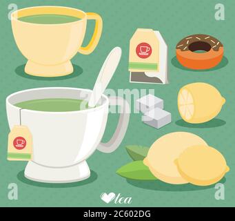 Flat vector tea set. Cup of tea, lemon, sugar, leaf. Stock Vector
