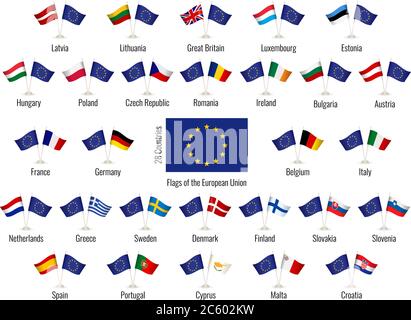 Set of vector flags of the European Union. Big Collection symbols flags. Isolated on white. Symbolizing the cooperation between countries. Stock Vector