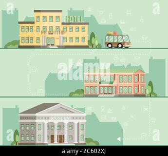 Travel by bus. Hotel, restaurant, museum. Flat vector. Stock Vector