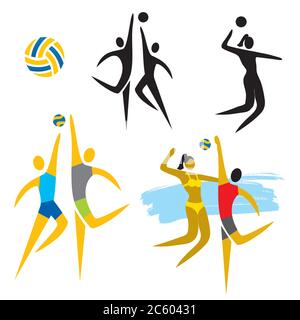 Volleyball Icons. Set of colorful and black voleyball symbols. Vector available. Stock Vector