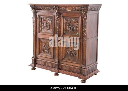 Old original European antique wooden carved sideboard buffet cabinet Stock Photo