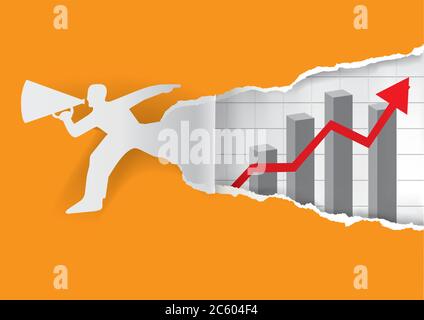 Running Man with megaphone and rising graph. Paper male silhouette ripping orange paper with Business chart with red arrow going up. Vector available. Stock Vector