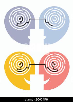 Understanding and misunderstanding, psychology concept. Two stylized human heads with the resolved and unresolved labyrinth. Vector available. Stock Vector