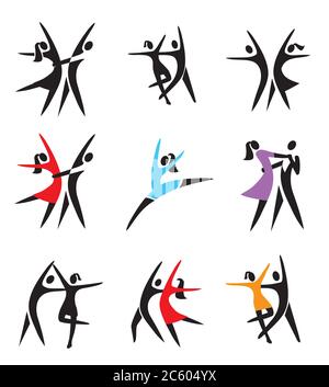 Couple ,ballroom dancing ,ballet,icons. Set of black and colorful dance symbols.Isolated on white background. Vector available. Stock Vector
