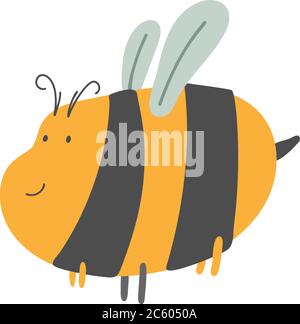 Big bee logo. Cute scandinavian hand drawn fat bee with handwritten text on white background Stock Vector