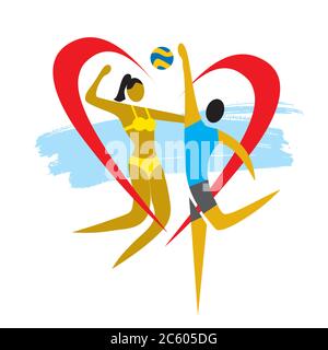 Couple with heart symbol playing Volleyball. Colorful illustration of heterosexual couple,Volleyball players. Relationship concept. Vector available. Stock Vector