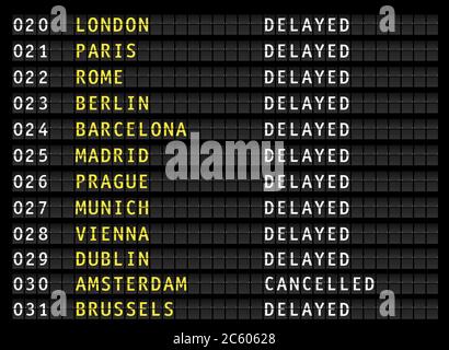 Delayed and cancelled flights on airport information display board, vector illustration Stock Vector