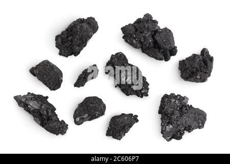 particles of charcoal isolated on white background with clipping path and full depth of field. Stock Photo