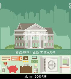 Bank building in city space with icons in flat style. Flat vector. Stock Vector