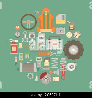 Set of auto spare parts. Car repair icons in flat style. Stock Vector