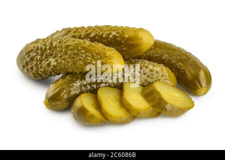 Marinated pickled cucumber isolated on white background with clipping path and full depth of field. Stock Photo