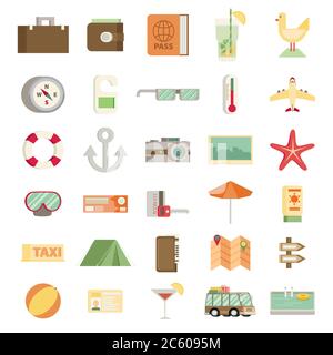 Modern flat icons vector collection in stylish colors of traveling, tourism and vacation theme Stock Vector