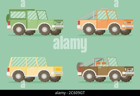 Off road car set isolated on color background. Flat vector illustration Stock Vector