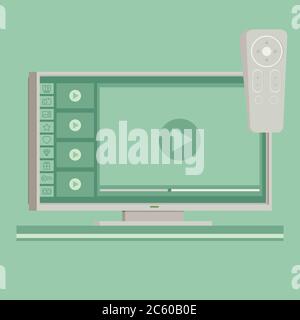 Vector smart tv concept - illustration in flat style with apps and video player on screen and remote control Stock Vector